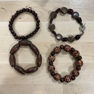 Boho Wood Beaded Necklace Bracelet Jewelry Lot Of 4 Brown Mixed‎ Brands Womens